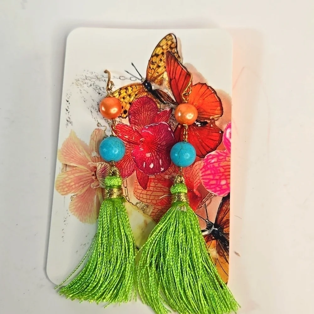 NWT icandi Artisan Boho Vibrant Earrings Green Tassel Turquoise Orange Pearl